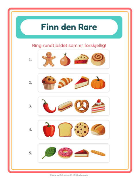 Forhåndsvisning av Hvilken Passer Ikke-arbeidsark med Bakeri for Barnehage (5-7 år)