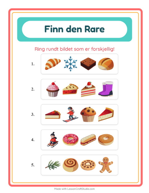 Forhåndsvisning av Hvilken Passer Ikke-arbeidsark med Bakeri for Barnehage (5-7 år)