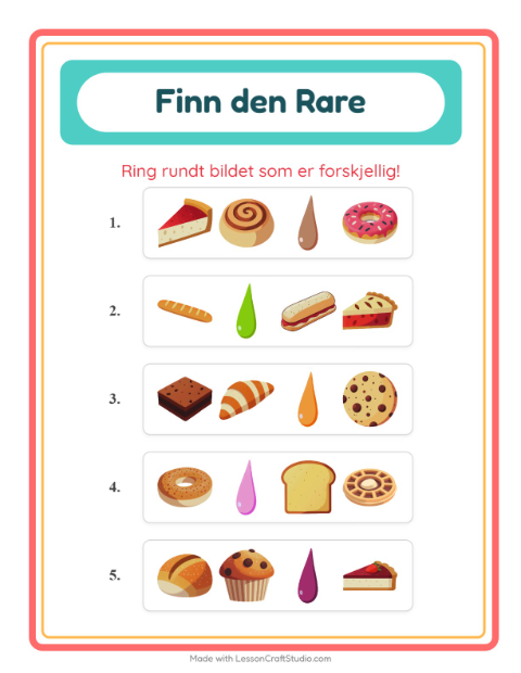 Forhåndsvisning av Hvilken Passer Ikke-arbeidsark med Bakeri for Barnehage (5-7 år)