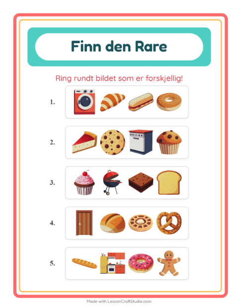 Forhåndsvisning av Hvilken Passer Ikke-arbeidsark med Bakeri for Barnehage (5-7 år)