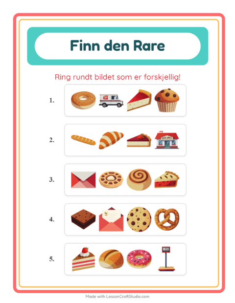 Forhåndsvisning av Hvilken Passer Ikke-arbeidsark med Bakeri for Barnehage (5-7 år)