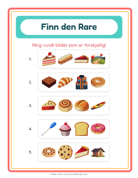 Forhåndsvisning av Hvilken Passer Ikke-arbeidsark med Bakeri for Barnehage (5-7 år)