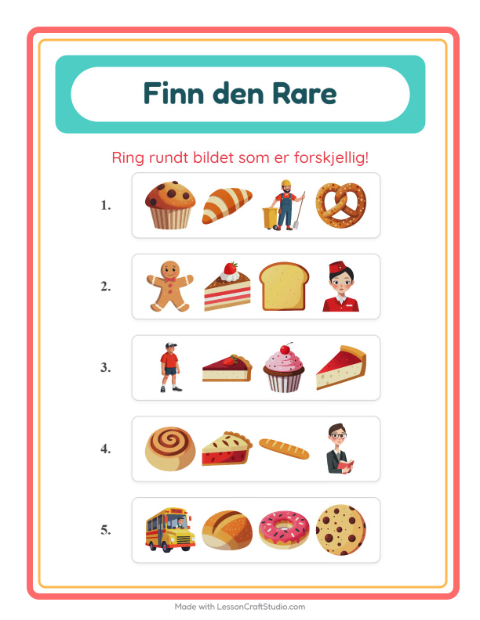 Forhåndsvisning av Hvilken Passer Ikke-arbeidsark med Bakeri for Barnehage (5-7 år)