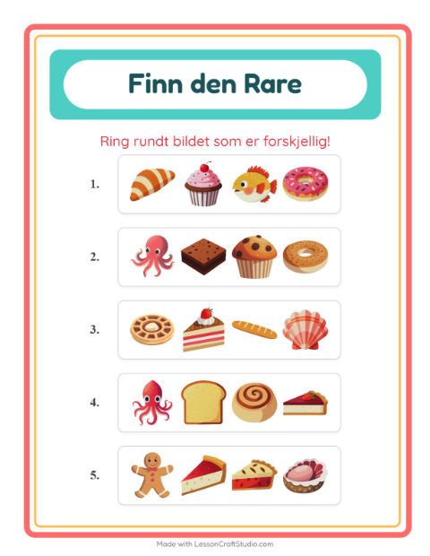 Forhåndsvisning av Hvilken Passer Ikke-arbeidsark med Bakeri for Barnehage (5-7 år)