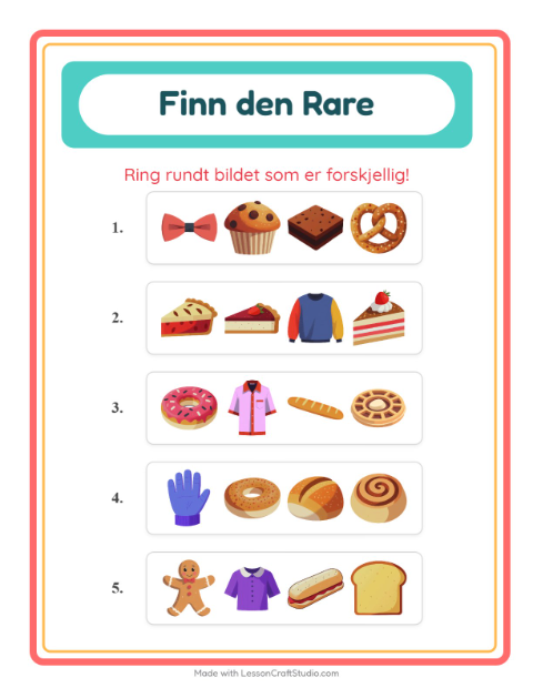 Forhåndsvisning av Hvilken Passer Ikke-arbeidsark med Bakeri for Barnehage (5-7 år)