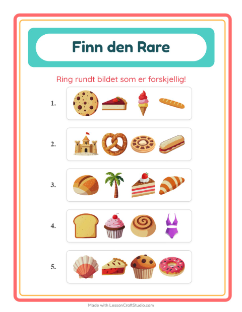 Forhåndsvisning av Hvilken Passer Ikke-arbeidsark med Bakeri for Barnehage (5-7 år)