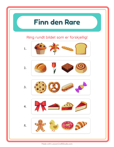 Forhåndsvisning av Hvilken Passer Ikke-arbeidsark med Bakeri for Barnehage (5-7 år)