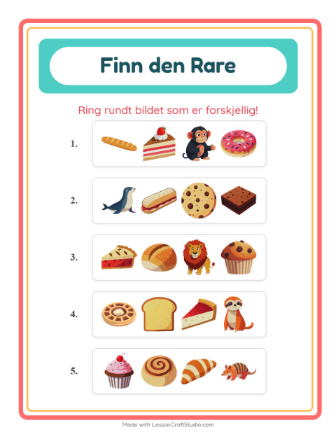 Forhåndsvisning av Hvilken Passer Ikke-arbeidsark med Bakeri for Barnehage (5-7 år)