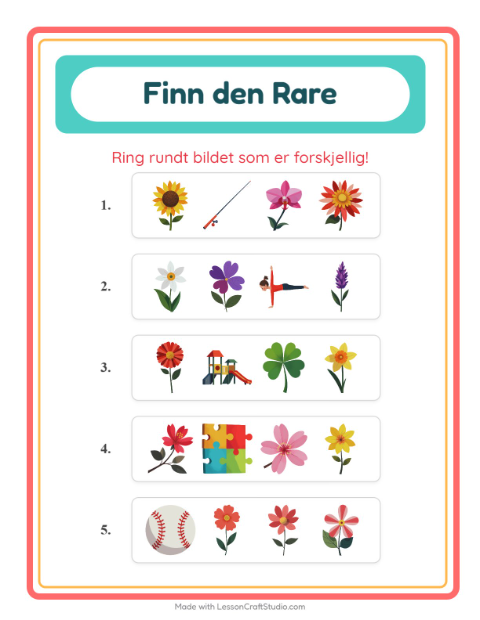 Forhåndsvisning av Hvilken Passer Ikke-arbeidsark med Blomster for Barnehage (5-7 år)