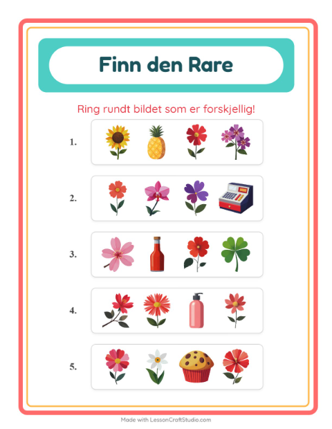 Forhåndsvisning av Hvilken Passer Ikke-arbeidsark med Blomster for Barnehage (5-7 år)