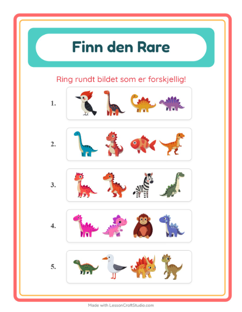 Forhåndsvisning av Hvilken Passer Ikke-arbeidsark med Dinosaurer for Barnehage (5-7 år)