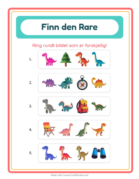 Forhåndsvisning av Hvilken Passer Ikke-arbeidsark med Dinosaurer for Barnehage (5-7 år)