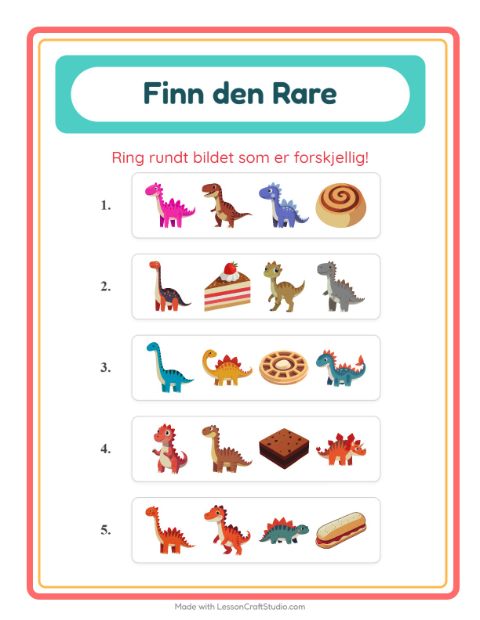 Forhåndsvisning av Hvilken Passer Ikke-arbeidsark med Dinosaurer for Barnehage (5-7 år)