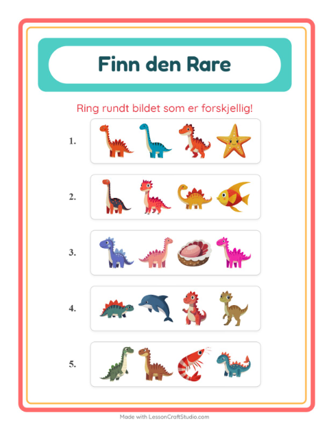 Forhåndsvisning av Hvilken Passer Ikke-arbeidsark med Dinosaurer for Barnehage (5-7 år)