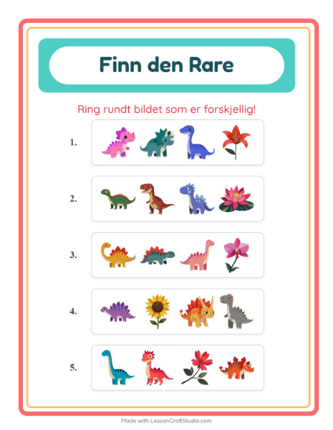 Forhåndsvisning av Hvilken Passer Ikke-arbeidsark med Dinosaurer for Barnehage (5-7 år)
