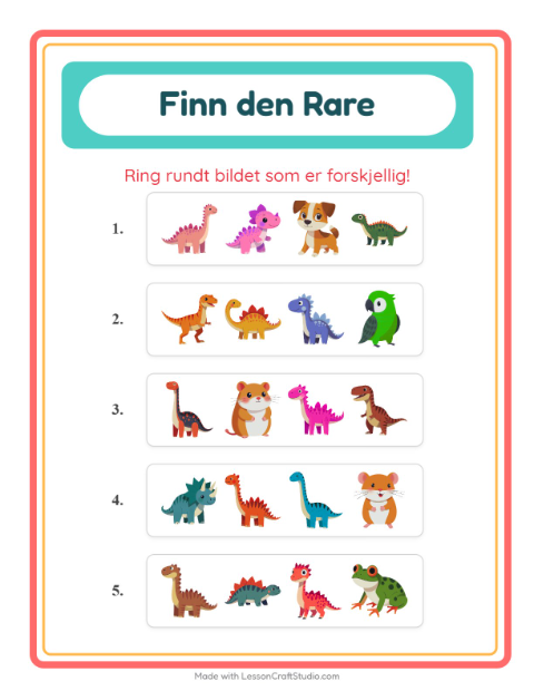 Forhåndsvisning av Hvilken Passer Ikke-arbeidsark med Dinosaurer for Barnehage (5-7 år)