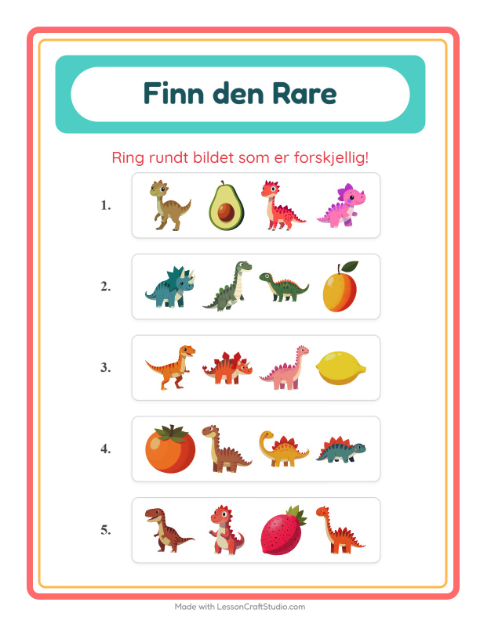 Forhåndsvisning av Hvilken Passer Ikke-arbeidsark med Dinosaurer for Barnehage (5-7 år)