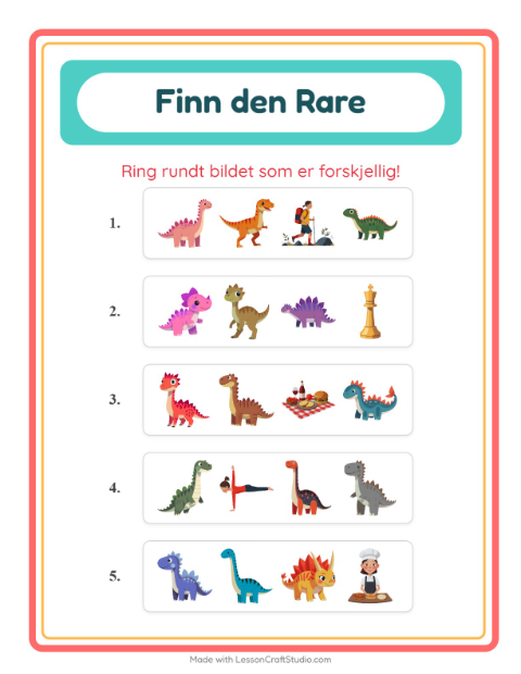 Forhåndsvisning av Hvilken Passer Ikke-arbeidsark med Dinosaurer for Barnehage (5-7 år)