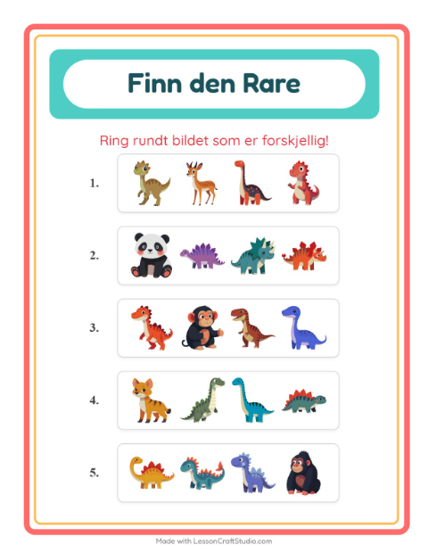 Forhåndsvisning av Hvilken Passer Ikke-arbeidsark med Dinosaurer for Barnehage (5-7 år)