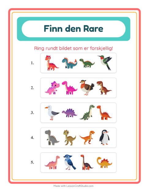Forhåndsvisning av Hvilken Passer Ikke-arbeidsark med Dinosaurer for Barnehage (5-7 år)