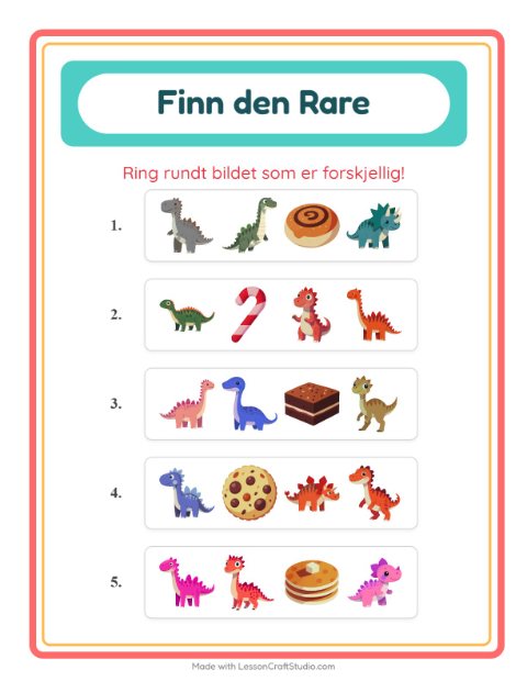 Forhåndsvisning av Hvilken Passer Ikke-arbeidsark med Dinosaurer for Barnehage (5-7 år)