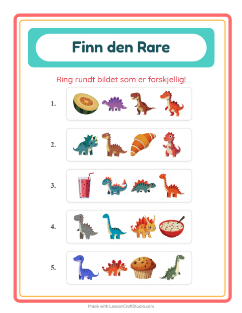 Forhåndsvisning av Hvilken Passer Ikke-arbeidsark med Dinosaurer for Barnehage (5-7 år)