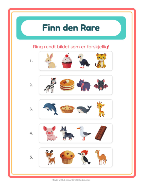 Forhåndsvisning av Hvilken Passer Ikke-arbeidsark med Dyr for Barnehage (5-7 år)