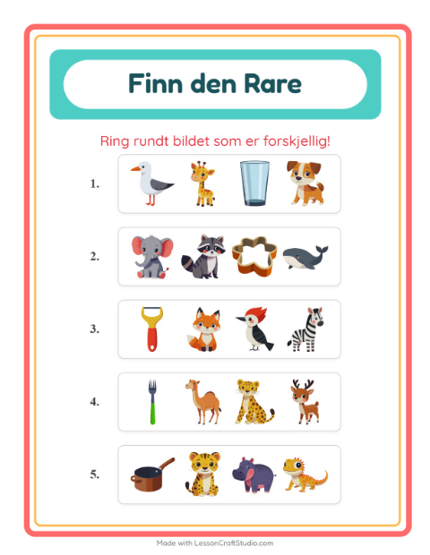 Forhåndsvisning av Hvilken Passer Ikke-arbeidsark med Dyr for Barnehage (5-7 år)