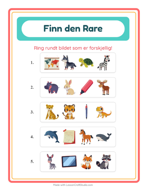 Forhåndsvisning av Hvilken Passer Ikke-arbeidsark med Dyr for Barnehage (5-7 år)
