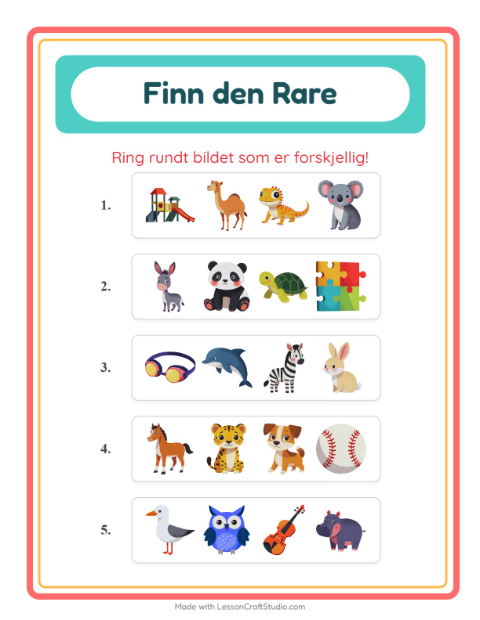 Forhåndsvisning av Hvilken Passer Ikke-arbeidsark med Dyr for Barnehage (5-7 år)
