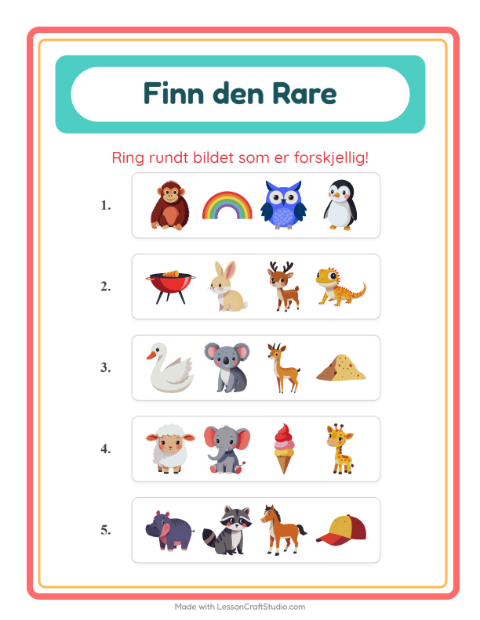 Forhåndsvisning av Hvilken Passer Ikke-arbeidsark med Dyr for Barnehage (5-7 år)