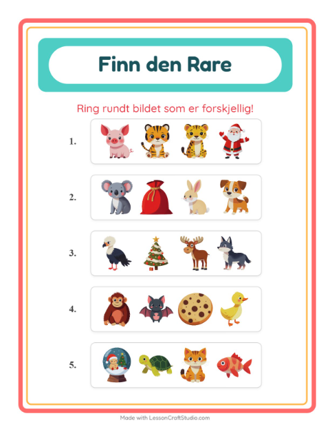 Forhåndsvisning av Hvilken Passer Ikke-arbeidsark med Dyr for Barnehage (5-7 år)