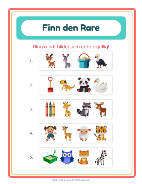 Forhåndsvisning av Hvilken Passer Ikke-arbeidsark med Dyr for Barnehage (5-7 år)