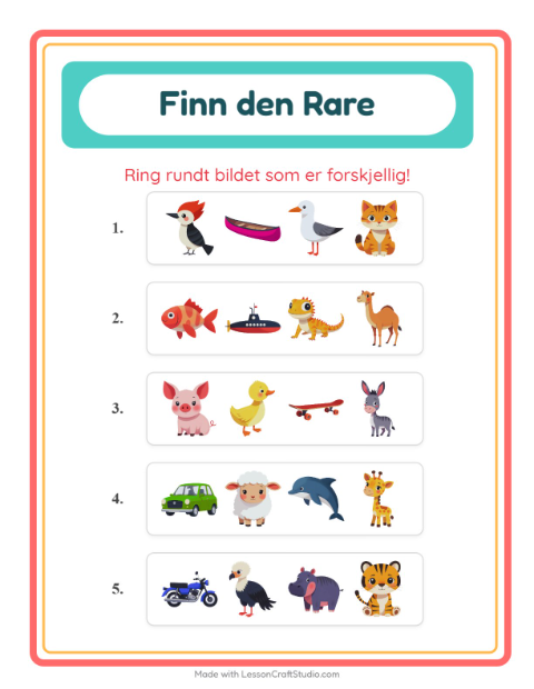Forhåndsvisning av Hvilken Passer Ikke-arbeidsark med Dyr for Barnehage (5-7 år)