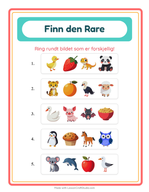 Forhåndsvisning av Hvilken Passer Ikke-arbeidsark med Dyr for Barnehage (5-7 år)