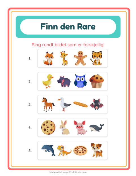 Forhåndsvisning av Hvilken Passer Ikke-arbeidsark med Dyr for Barnehage (5-7 år)