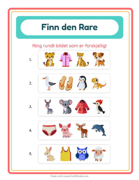 Forhåndsvisning av Hvilken Passer Ikke-arbeidsark med Dyr for Barnehage (5-7 år)