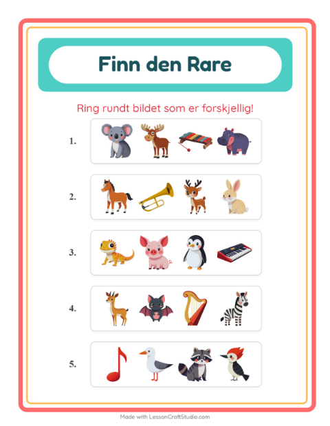Forhåndsvisning av Hvilken Passer Ikke-arbeidsark med Dyr for Barnehage (5-7 år)