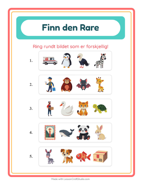 Forhåndsvisning av Hvilken Passer Ikke-arbeidsark med Dyr for Barnehage (5-7 år)