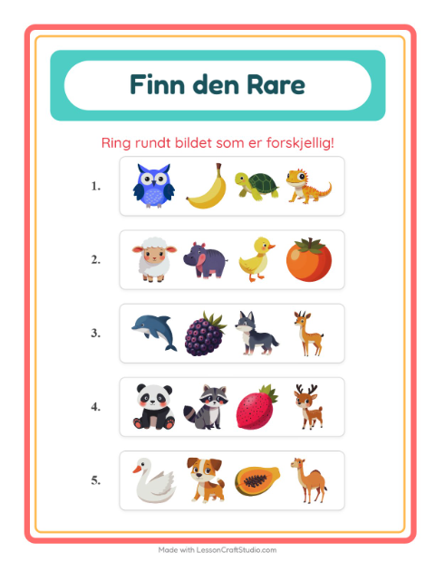 Forhåndsvisning av Hvilken Passer Ikke-arbeidsark med Dyr for Barnehage (5-7 år)