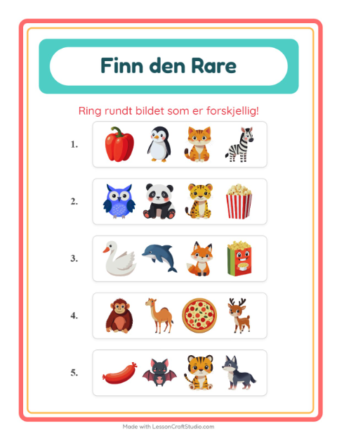 Forhåndsvisning av Hvilken Passer Ikke-arbeidsark med Dyr for Barnehage (5-7 år)