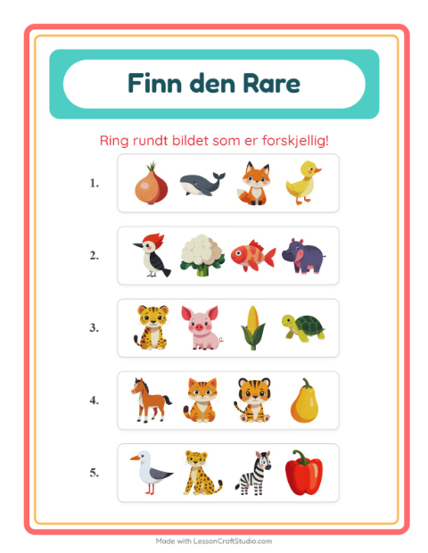 Forhåndsvisning av Hvilken Passer Ikke-arbeidsark med Dyr for Barnehage (5-7 år)
