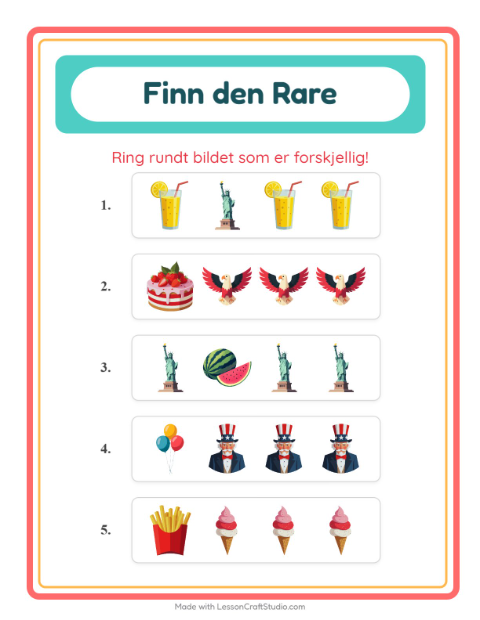 Forhåndsvisning av Hvilken Passer Ikke-arbeidsark med 4. juli for Barnehage (5-7 år)