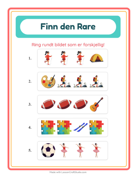 Forhåndsvisning av Hvilken Passer Ikke-arbeidsark med Aktiviteter for Barnehage (5-7 år)