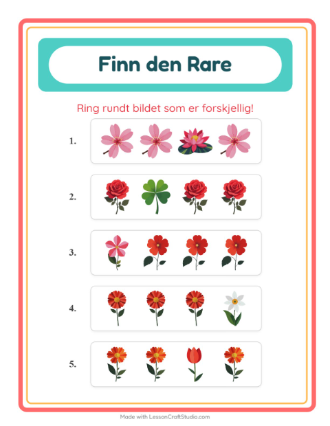 Forhåndsvisning av Hvilken Passer Ikke-arbeidsark med Blomster for Barnehage (5-7 år)