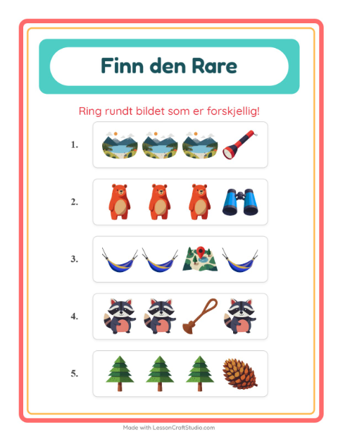 Forhåndsvisning av Hvilken Passer Ikke-arbeidsark med Camping for Barnehage (5-7 år)