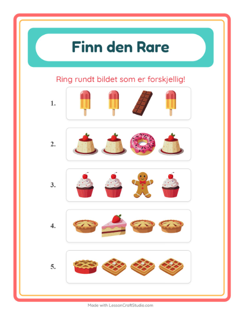 Forhåndsvisning av Hvilken Passer Ikke-arbeidsark med Desserter og godteri for Barnehage (5-7 år)
