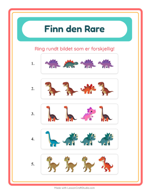 Forhåndsvisning av Hvilken Passer Ikke-arbeidsark med Dinosaurer for Barnehage (5-7 år)