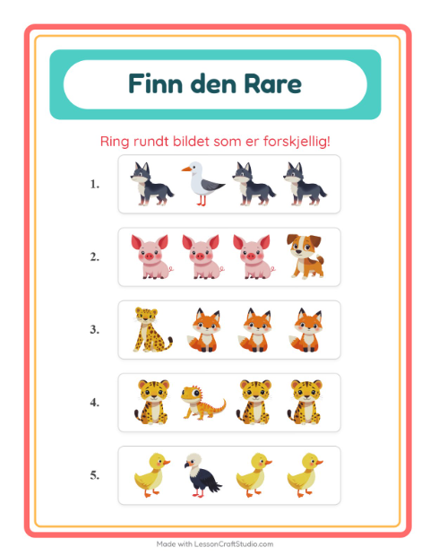 Forhåndsvisning av Hvilken Passer Ikke-arbeidsark med Dyr for Barnehage (5-7 år)