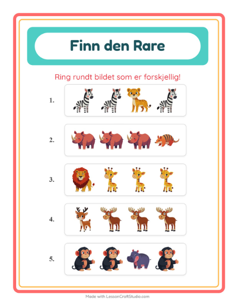 Forhåndsvisning av Hvilken Passer Ikke-arbeidsark med Dyrehagedyr for Barnehage (5-7 år)